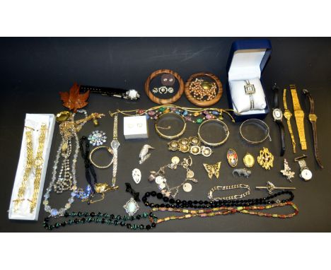 Costume Jewellery - a lotus pearl choker, boxed;  silver gilt hinge bangle;  others silver;  a necklace, beads, brooches, dre