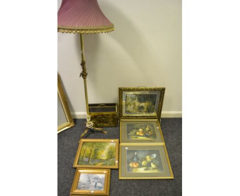 Household Goods - a brass and mirrored fireguard; a brass standard; a brass newspaper rack; framed prints