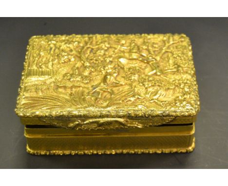 An early Victorian pinchbeck rectangular table snuff box, hinged cover in relief with sportsmen hunting amongst the woods, en