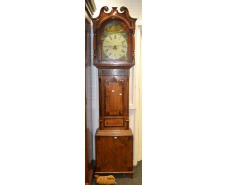 A George III longcase clock, turned swan neck cornice (missing finial) boxwood stringing, Roman numerals secondary aperture d