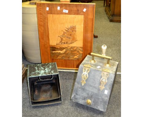 A Victorian coal box and scuttle; a Maritime marquetry firescreen 