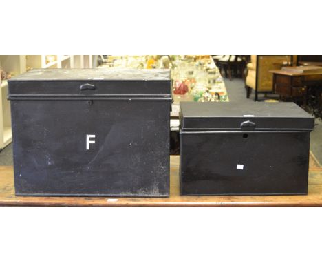 A large metal trunk inscribed 'F', another smaller, handles (2)