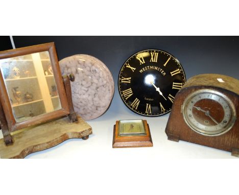 A 19th century toilette mirror; a 1930s oak mantel clock; a circular wall clock; an oak square barometer, c.1950; marbled gla