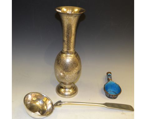 A Persian silver coloured vase; a silver coloured ladle; a cloisonne and enamel ladle 