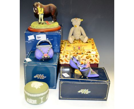 A Border Fine Art model, Hay Days, boxed;  a Steiff ceramic White Bear;  a Willow Hall Age of Elegance purple shoe and handba