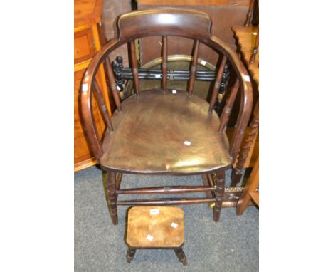 A brass tray top table; a beech milking stool; a beech and elm spindle back bow chair, c.1930 (3)