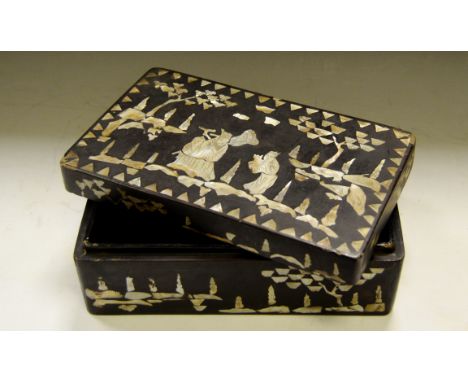 A Chinese lacquer rectangular box, profusely inlaid in mother of pearl with figures in a landscape, late 19th/early 20th cent