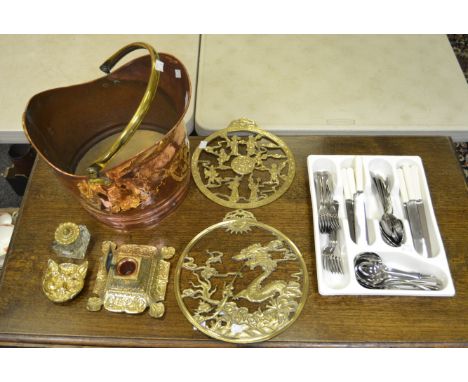 Metalware - a helmet shaped copper coal bucket; a brass inkwell; pierced brass Oriental plaques; flatware ;  etc 
