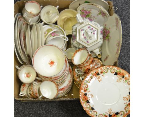 Tea Ware - an Edwardian Imari palette part tea service; similar tea ware; a Victorian hexagonal tea pot; floral cups and sauc