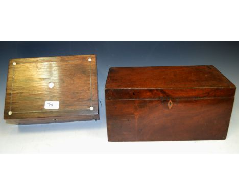 A Victorian rosewood and mother of pearl rectangular work box, c.1860; a George III mahogany tea caddy, c.1810 (2)