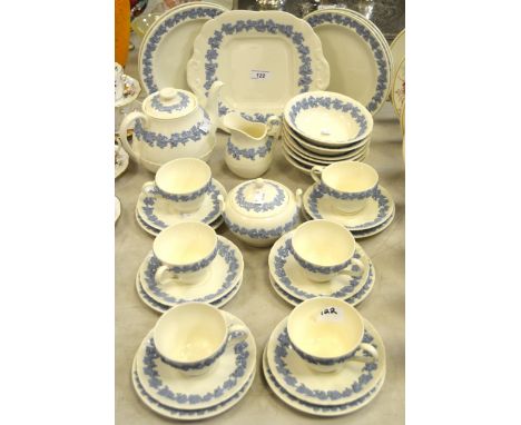 A Wedgwood Queens ware six setting tea service inc tea pot, cake plates, bread plate, cups saucers etc, printed marks qty