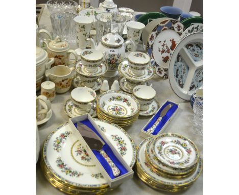 A Coalport Ming Rose pattern six-setting breakfast service, comprising baluster tea pot, tea cups and saucers, dinner plates,