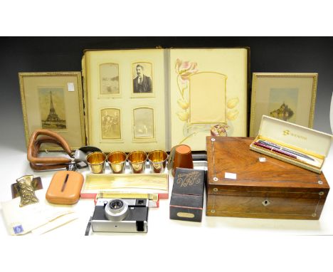 A rosewood and mother of pearl inlay work box c 1870; a Victorian photograph album; a shooting stick; a letter clip; Scheaffe