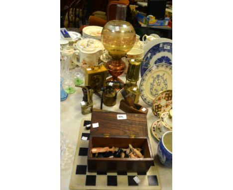 A brass miners lamp; a brass blow torch; a copper oil lamp, frosted shade; a chess board and soapstone chess set; carriage cl