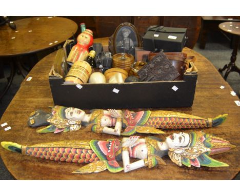 Boxes and Objects - a pair of carvings of Thai deities, picked out in polychrome; a pair of soapstone bookends, as elephants;