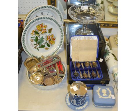 A Portmeirion rolling pin, clock; plate etc; Wedgwood trinket trays; silver plated condiments flatware; etc