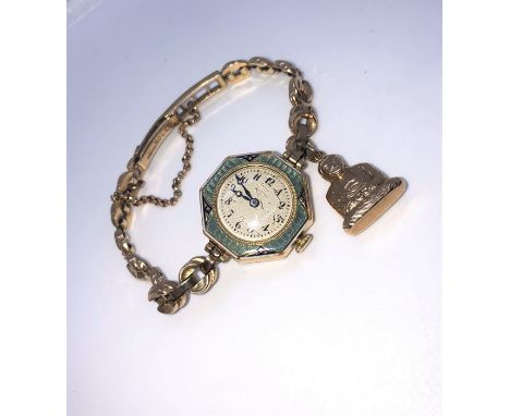 Rolex and Vertex Supreme 9ct and 18ct Gold Enamel Ladies Wristwatch, circa early 20th century, The Octagonal shaped Watch Hav