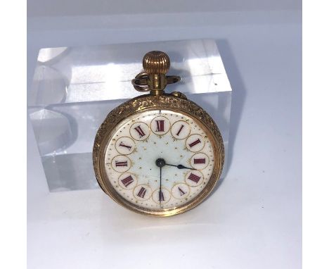 18ct Gold Ladies Fob Watch, circa early 20th century, Having an Enamel Dial with Roman Numerals, Engraved to the Case, Stampe