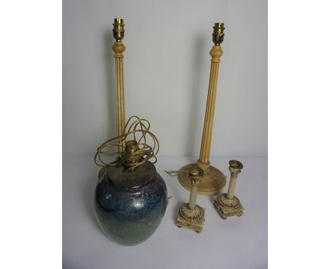 Monart Glass Table Lamp, Cracked, 18cm high, Also with a pair of French style Marble and Ormolu Garniture Candlesticks, And w