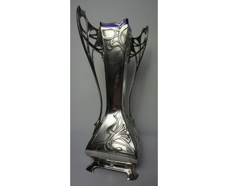 Art Nouveau WMF Style Electro Plated Vase, Having a Later Blue Glass Liner and an open Base, 35cm high