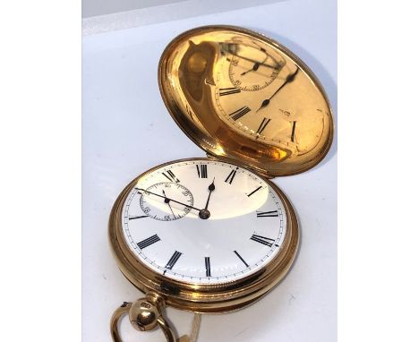 18ct Gold Full Hunter Pocket Watch, The Key wind Watch Having a White Enamel Dial and Subsidiary Seconds Dial, Engraved to th