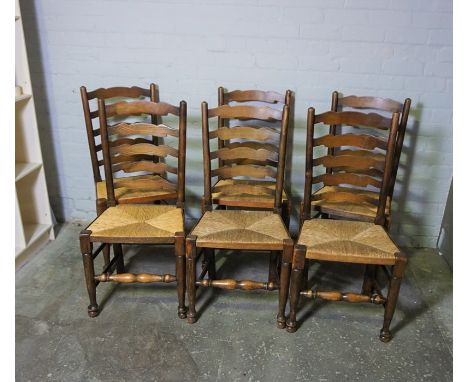 Set of Six Lancashire Ash and Elm Dining Chairs, circa early 20th century, Having Ladder Backs and Woven Seats, 99cm high, (6