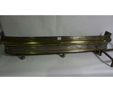 Georgian Brass and Steel Fire Fender, 25cm high, 138cm wide, 25cm deep, Also with three similar Brass and Steel Fireirons, An