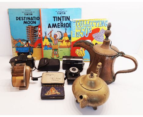 MIXED LOT INC VINTAGE TINS, TINTIN BOOKS ETC
