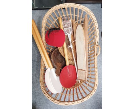 A CRIB BASKET, BELLOWS, SHOOTING STICK, FEZ, CHILDS IRONING BOARD ETC