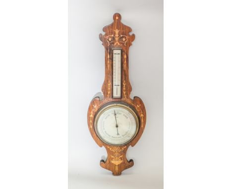 EARLY 20TH CENTURY MAHOGANY WALL MOUNTED BAROMETER
made by John Lennie of Edinburgh, inlaid with scrolling floral marquetry, 