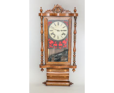 EARLY 20TH CENTURY MAHOGANY WALL CLOCK
stylised design with influences of both Vienna and drop dial clocks, white enamel dial