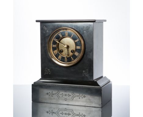 19TH CENTURY FRENCH SLATE CHIMING MANTEL CLOCK
with black and gilt Roman dial, the cylinder movement striking on a gong, 26cm