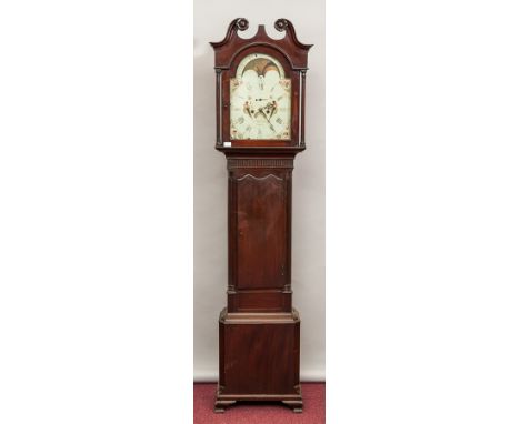 19TH CENTURY LONGCASE CLOCK
the painted dial with moon phase in arch, numbers and numerals in black, maker Vrazer, Comber, 21