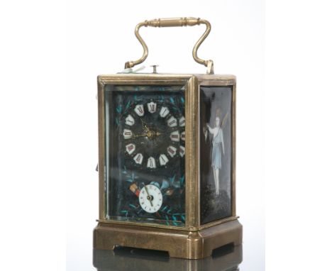 LATE 19TH CENTURY REPEATING BRASS CARRIAGE CLOCK
the enamel dial with Roman numerals, the central enamel panel with foliate s