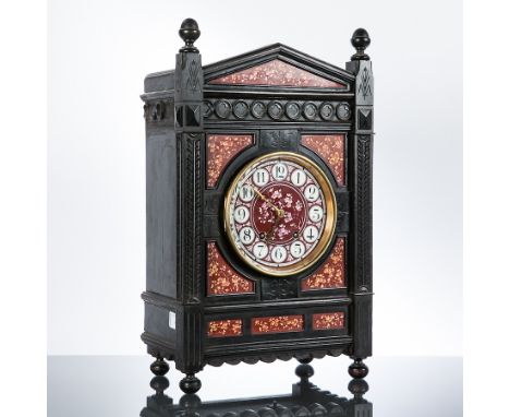 LATE 19TH CENTURY AESTHETIC PERIOD MANTEL CLOCK
maker LeRoy et Fils,the circular ceramic dial with Arabic numerals, the eboni
