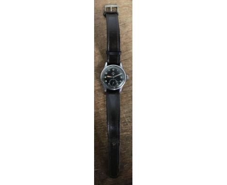 An Omega 1940’s military gentleman's steel wristwatch, black round dial, lume number markers and hands, subsidiary dial at 6,