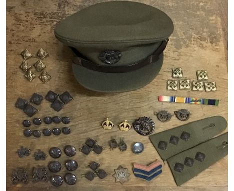 WWI Cap and buttons for a Captain in ‘The Duke of Cornwall light Infantry’ with his medal ribbon with 1914-20 mentioned in di