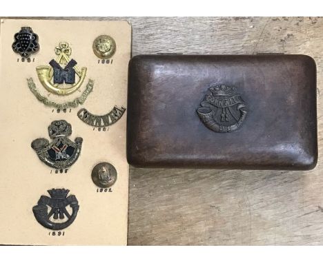 Rare 19th Century Duke of Cornwall Light Infantry Badges and buttons with a hand carved oak box.