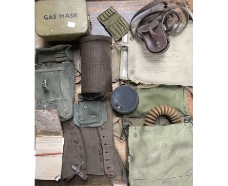 British WW2 Gas Mask in haversack and Tin, German gas mask tin (empty), Officers map case, military style spats/gaiters, 2 x 