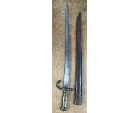 French WW1 Sabre Bayonet ’Chassepot’ M1866 with metal scabbard, back of blade inscribed and dated 1870.