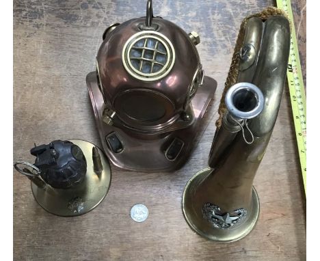 Military desk paper weight of a Mills Grenade two bullets and a Scots Guards badge with a military bugle, copper and brass di