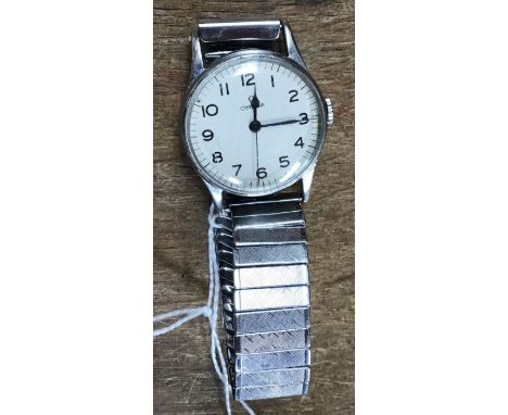 An Omega Military issue 6B/159 A21479 (broad arrow) wristwatch, white metal on a later elasticated white metal strapcurrently
