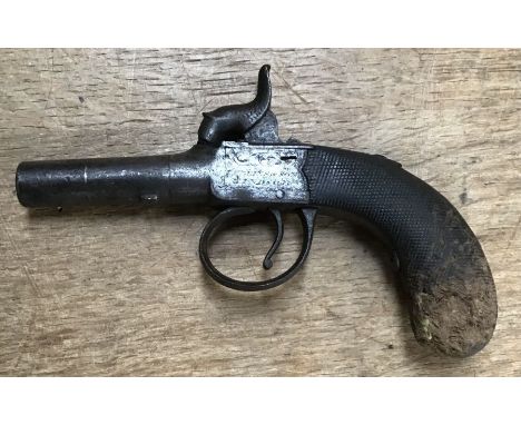 Small 19th Century percussion boxlock screw-barrel pocket or ladies pistol with damage to butt, 5.25” overall length with 2” 
