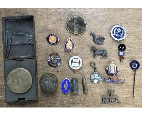 Small collection of British badges/pin badges, paraffin heater, top of swagger stick for Wellington Collage,&nbsp;1897 Agricu