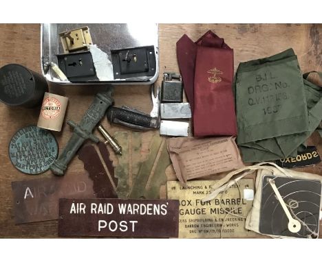 Collection of British military items, includes WW2 Air Raid Wardens post signs, Brass Button cleaning sticks, 1987 7.62 bando