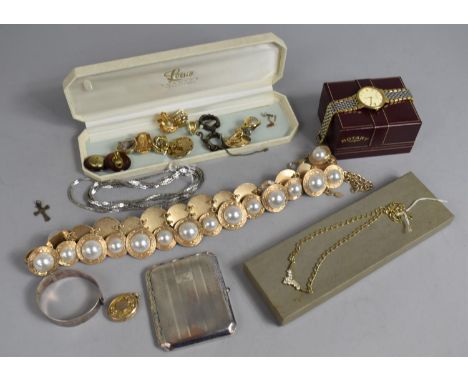 A Collection of Various Jewellery to Comprise Silver Bangle, Vintage Earrings, Rolled Gold Cigarette Case, Rotary Watch etc 