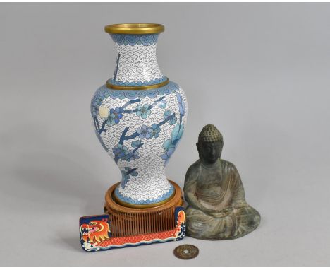 A Contemporary Chinese Cloisonné Vase Decorated with Flowers and Scrolls on White Ground Having Pierced Wooden Stand, Verdigr