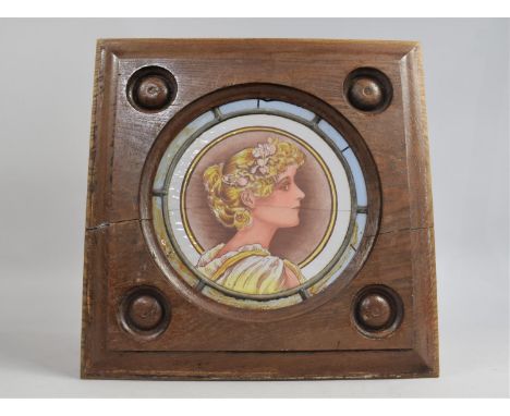 An Early 20th Century Oak Panel with Carved Roundels and Stained Glass Centre Depicting Classical Maiden (Glass AF), 38cm Squ