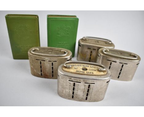 A Collection of Four Vintage Barclays Bank Homesafe, Two Book shaped Money Boxes for Post Office and Trusty Savings Bank 