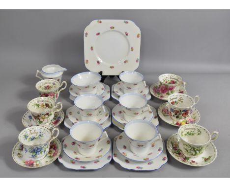 A Colclough Mid 20th Century Tea Set decorated with Blue and Garland Design to comprise Five Cups, Six Saucers, Six Side Plat